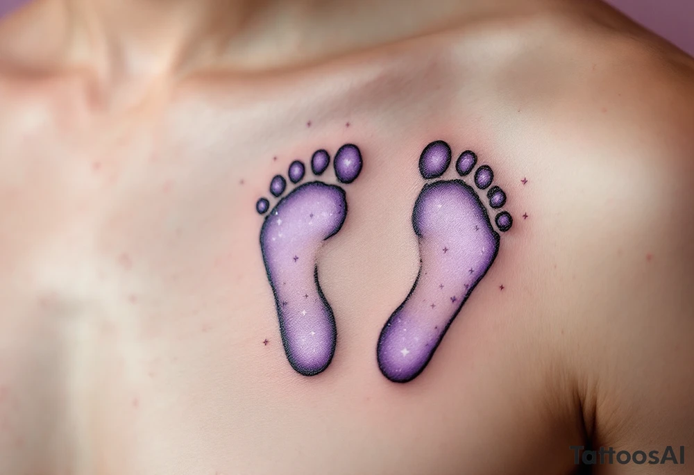 Light lavender and white footprints of Eva, adorned with tiny hearts and stars, representing her innocent heart and magical nature. tattoo idea
