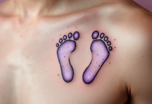 Light lavender and white footprints of Eva, adorned with tiny hearts and stars, representing her innocent heart and magical nature. tattoo idea