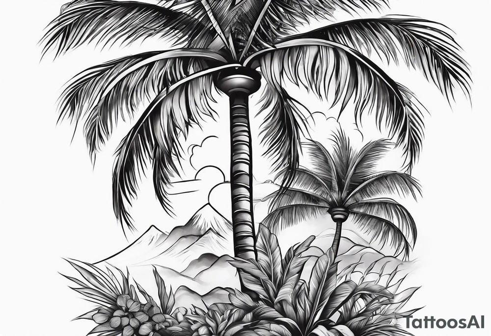 Juniper and palm tree sleeve. Female tattoo idea