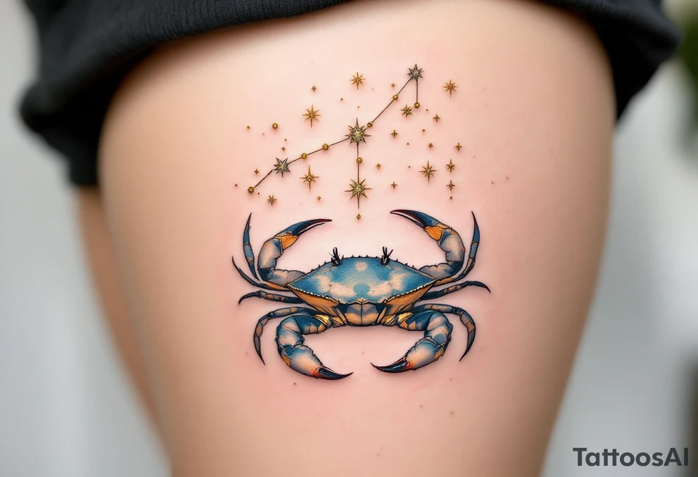 The star constellation of Cancer appears in golden thread style above a softly rendered seafoam crab. tattoo idea