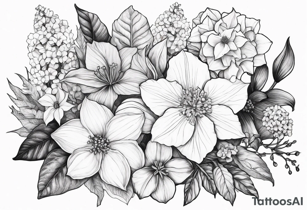 Hydrangea, Narcissus, Poinsettia, Holly, Gladiolus, Poppy, Daisy, Sweet Pea floral bouquet tattoo idea
