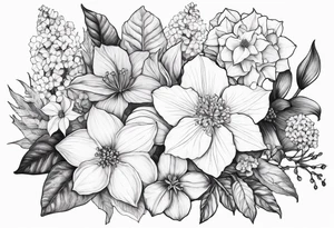 Hydrangea, Narcissus, Poinsettia, Holly, Gladiolus, Poppy, Daisy, Sweet Pea floral bouquet tattoo idea