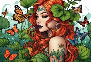 poison ivy plant wrapped around a hand holding water lilies surrounded with butterflies around with “Zane”, “Nate”, “Jaiden” tattoo idea