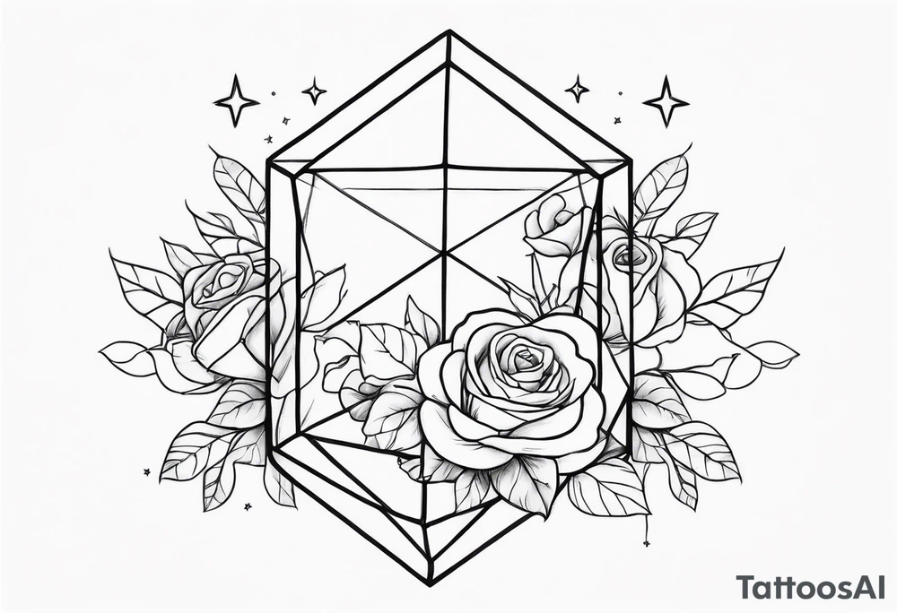Elongated tesseract with small roses and stars around it tattoo idea