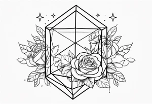 Elongated tesseract with small roses and stars around it tattoo idea
