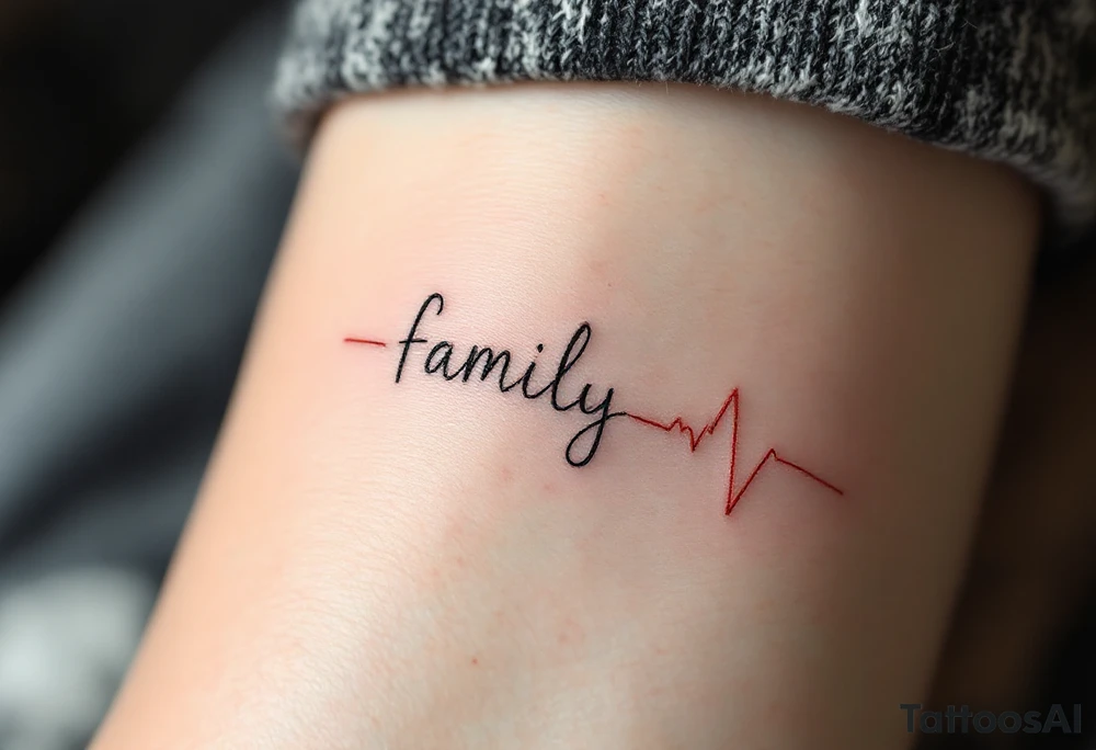 A minimalist family tattoo in delicate gray cursive, underlined by a thin red heartbeat line. tattoo idea