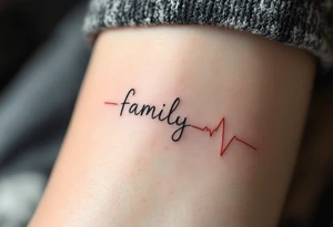 A minimalist family tattoo in delicate gray cursive, underlined by a thin red heartbeat line. tattoo idea