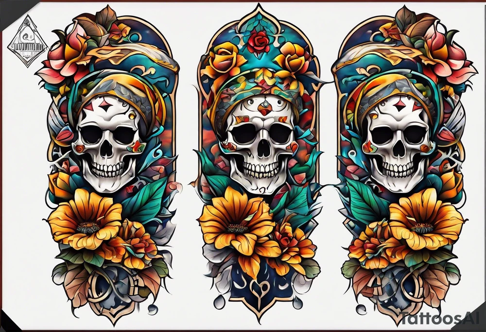 Old school center Knee tattoo with skulls, flowers, water shapes and fall colors tattoo idea