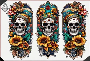 Old school center Knee tattoo with skulls, flowers, water shapes and fall colors tattoo idea