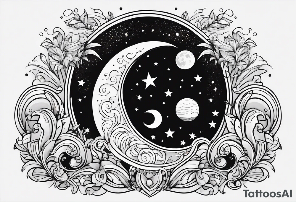 mezcla de sol luna y mar con estrellas brillantes, sin bordes, sencillo, minimalista tattoo idea