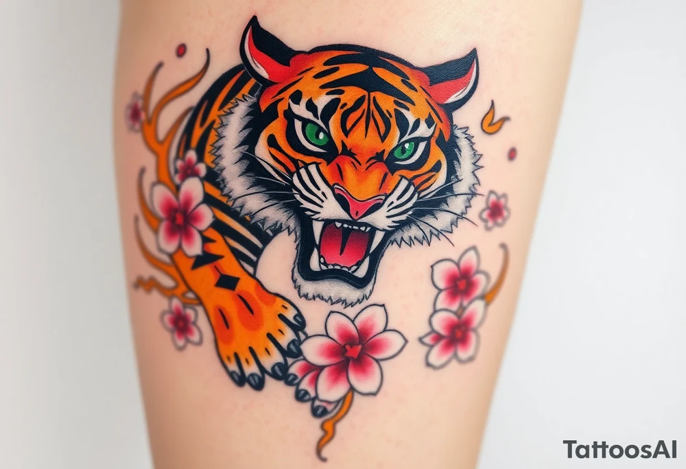 A fierce and majestic tiger, mid-roar, with piercing emerald-green eyes and bold orange-and-black striped fur. Surrounding the tiger are swirling golden flames, cherry blossom petals in soft pink and white float around. tattoo idea