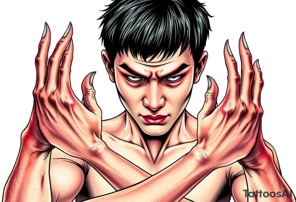 Scary ugly hands are hugging Handsome Asian young guy tattoo idea