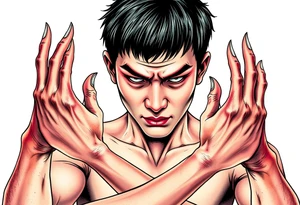 Scary ugly hands are hugging Handsome Asian young guy tattoo idea