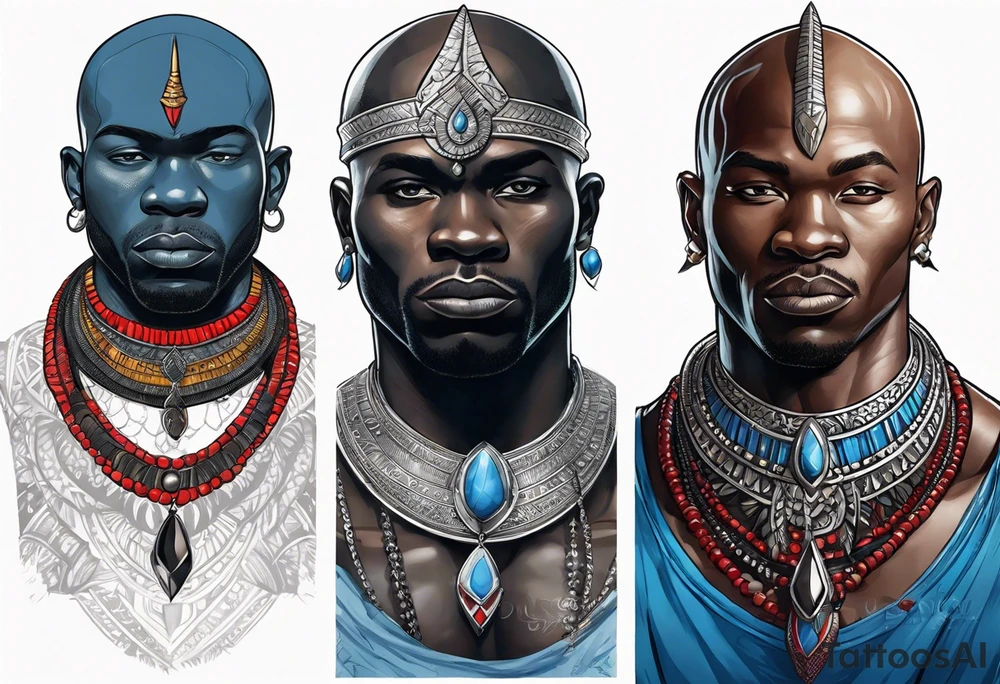 Black-skinned bald african warrior. He wears  a small silver crown. He wears two simple necklaces: one blue, other red. tattoo idea