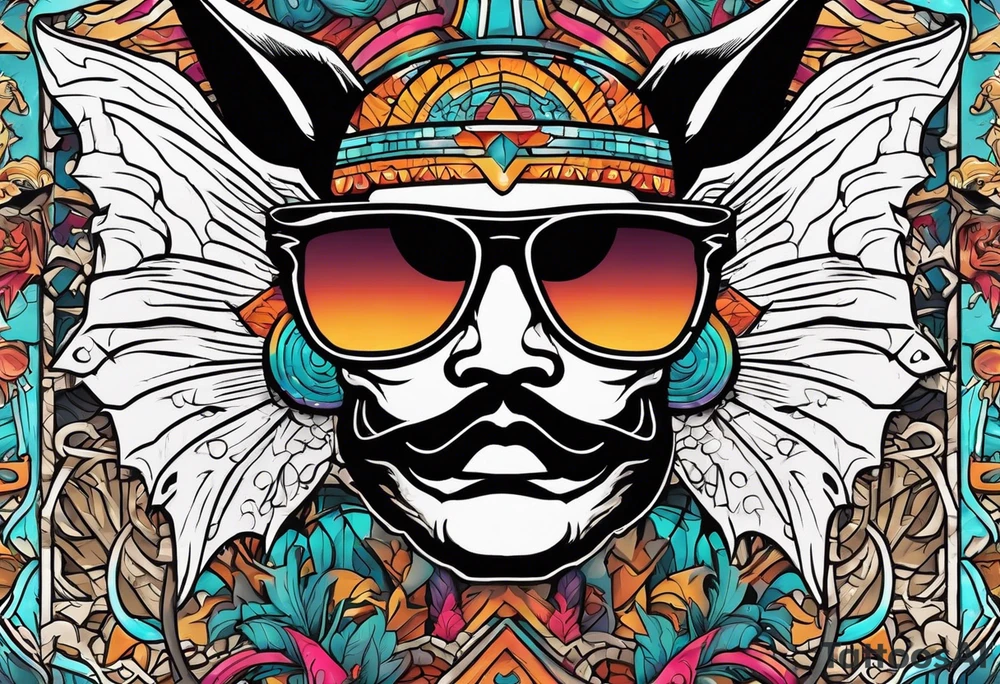 Colorful hieroglyph wearing sunglasses with bats water and cave tattoo idea
