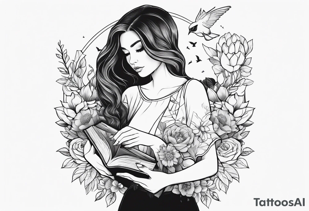 woman holding a book and birds and flowers tattoo idea