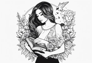 woman holding a book and birds and flowers tattoo idea