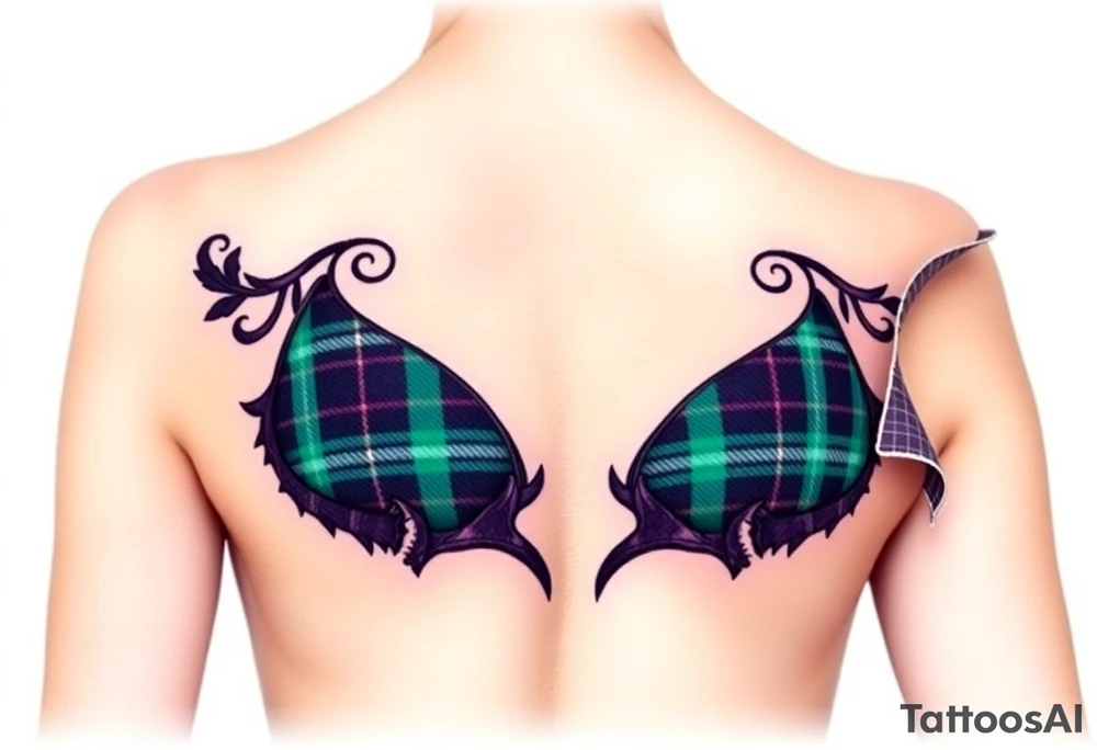 Breasts

Dark Purple with green pink blue and white highlights tartan fabric with skin around edges peeling and wrapping around side of shoulder tattoo idea