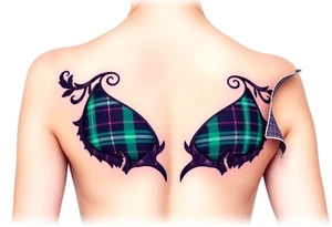 Breasts

Dark Purple with green pink blue and white highlights tartan fabric with skin around edges peeling and wrapping around side of shoulder tattoo idea