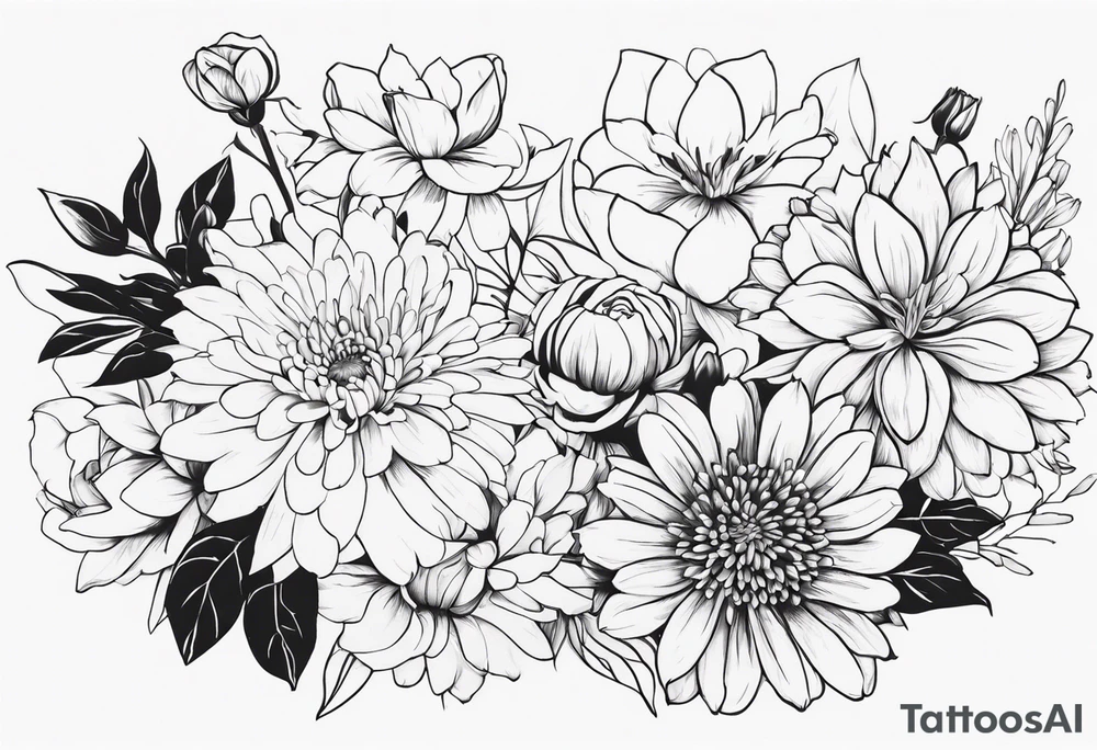 Asters, roses, Lillies, chrysanthemums in a long line tattoo idea