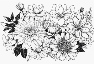 Asters, roses, Lillies, chrysanthemums in a long line tattoo idea