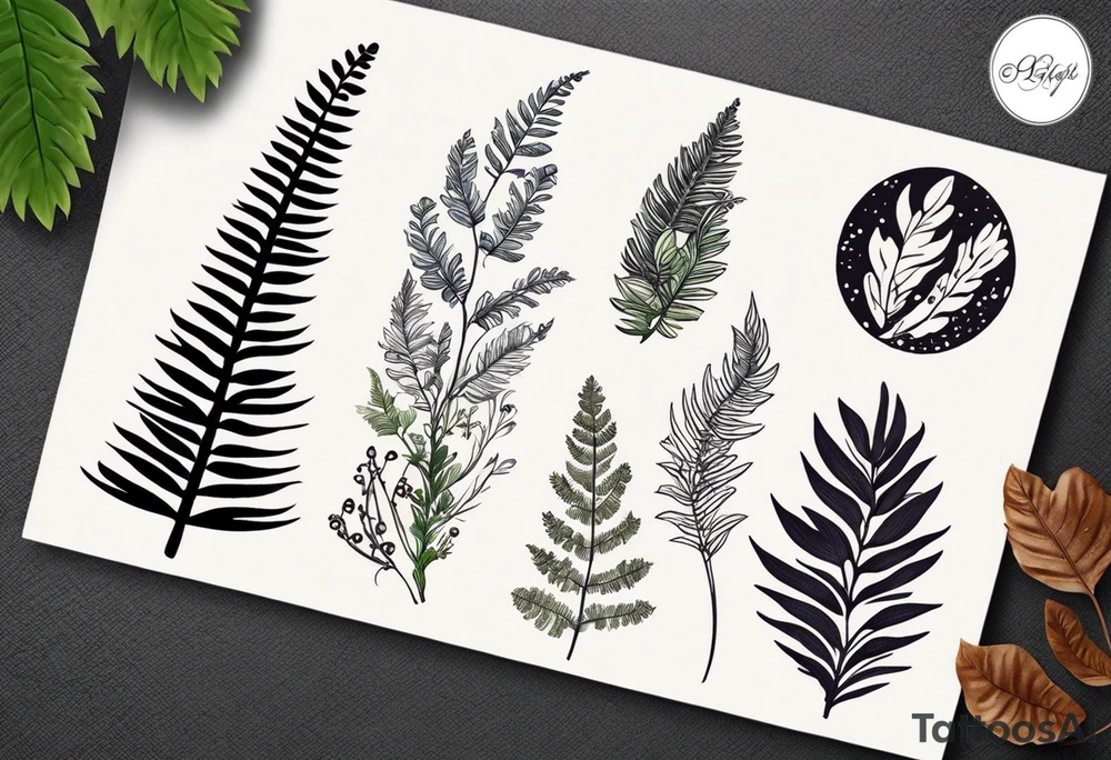 forest floor inspired minimalist tattoo, which includes grass, curly ferns, moss and dead leaves as the bulk of the tattoo. details to include: forest berries, a tiny bumblebee flying nearby, three small brown mushrooms
Generate a vertically long one tattoo idea