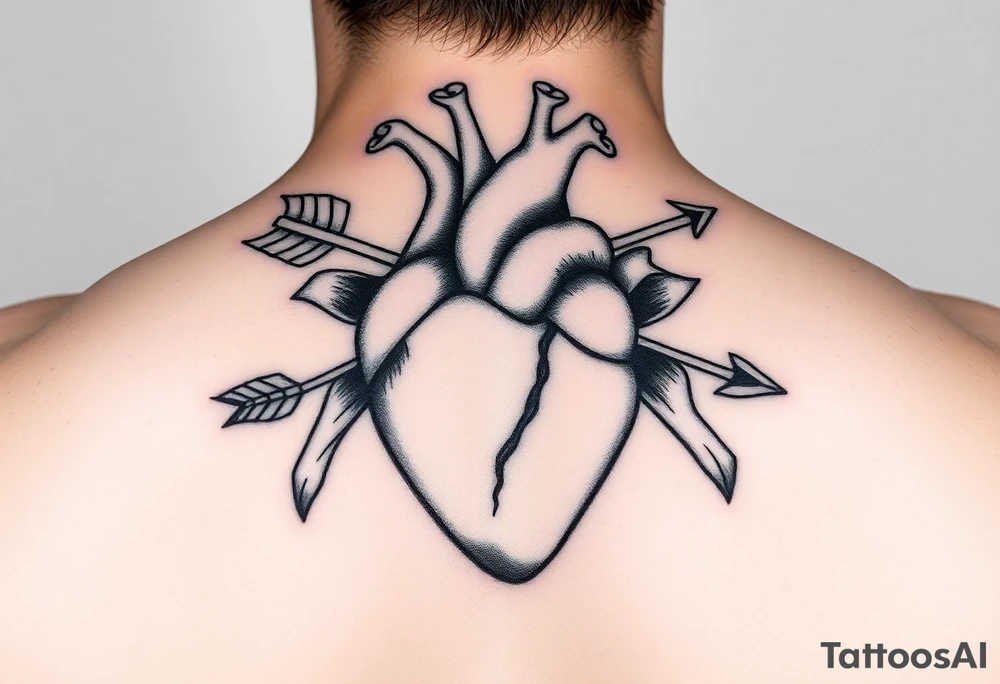 anatomical heart pierced by ornate arrow with flowing ribbons tattoo idea