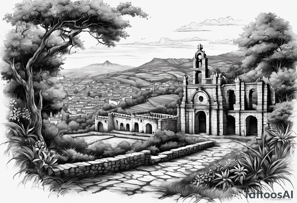 Ruinas de Sao Miguel no Rio Grande do Sul com um gaúcho montado a cavalo tattoo idea