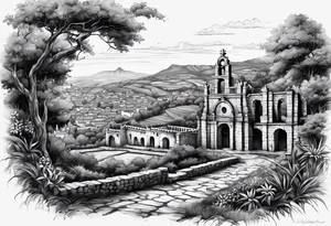 Ruinas de Sao Miguel no Rio Grande do Sul com um gaúcho montado a cavalo tattoo idea