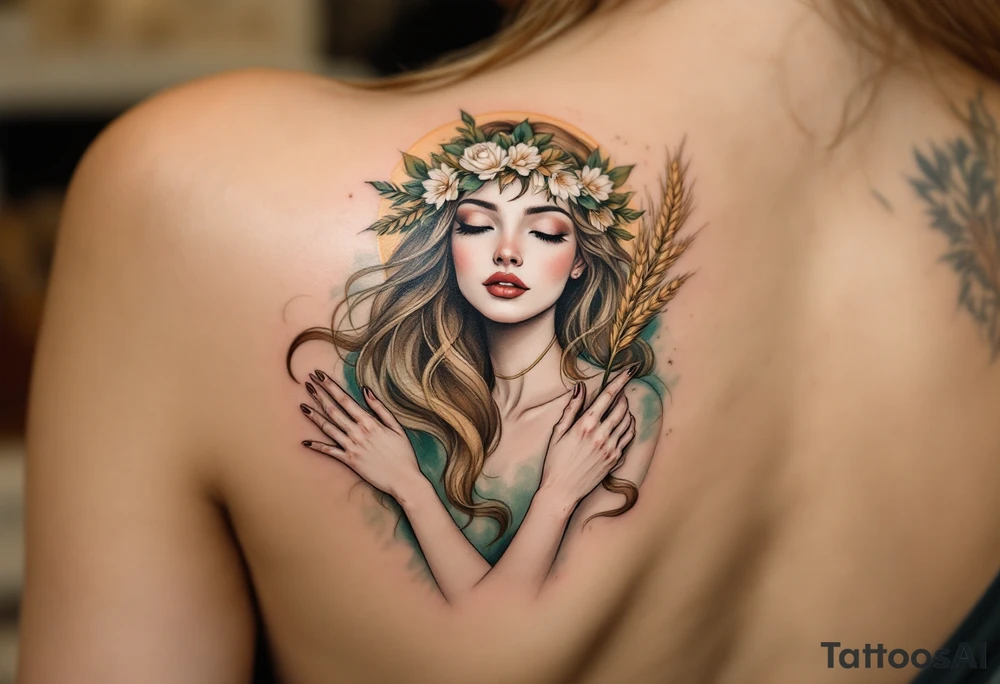 A beautifully detailed Virgo goddess with long flowing hair, wearing a delicate floral crown. She holds a stalk of wheat in her hand, symbolizing harvest and nurturing energy. The design is enriched with earthy tones like deep green, soft brown, and warm gold, enhancing Virgo’s grounded nature. tattoo idea
