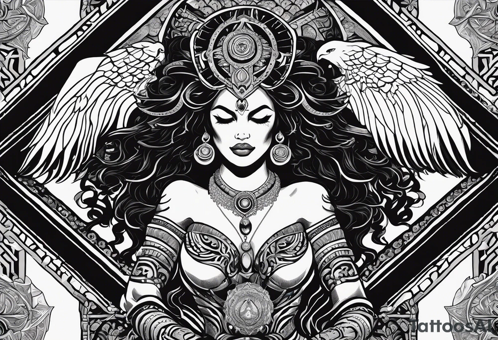 black kali, goddess pirate, alien, angel, pachamama, valkrye, warrior, flying, skull, lotus azul, wing, eagle, zenza resonance, stars, 5D, anahata chakra, death, durga, riding on a tiger, flying lady, kundalini, chest tatoo, rebel tattoo idea