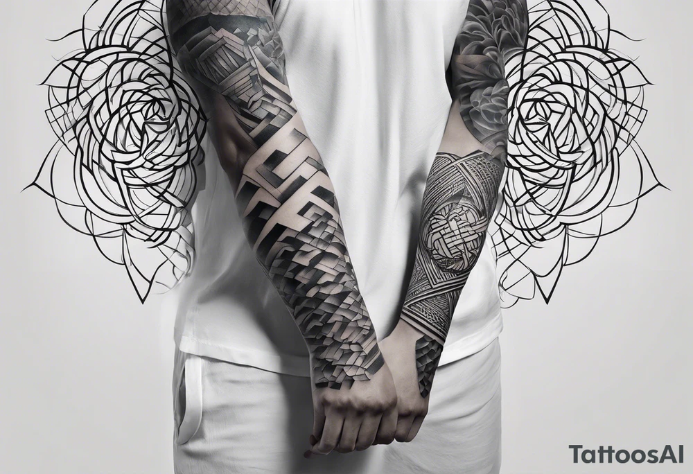 A conceptual tattoo design for the upper arm and shoulder, featuring two interwoven profiles symbolizing the duality of strength and vulnerability. The design combines structured geometric patterns with organic forms like roots or clouds. One of the profiles subtly transforms into a hand that appears to be deconstructing or rebuilding itself, with fine cracks representing fragility. In the background, elements of ancient ruins or castle stones evoke a journey of authenticity and introspection, using light shading and dark, bold lines to add depth and intensity tattoo idea