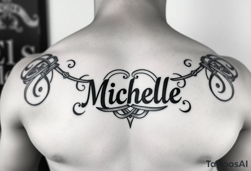 Create a tattoo on a man’s chest if a woman’s name Michelle. Irish or Celtic theme knot tattoo idea