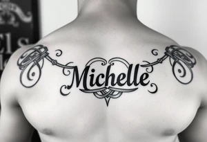 Create a tattoo on a man’s chest if a woman’s name Michelle. Irish or Celtic theme knot tattoo idea