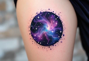 A galaxy-filled circle in purple, indigo, and black, with specks of white stars. tattoo idea