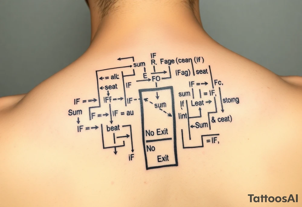 "Rat maze tattoo made of Excel formulas (=SUM, =IF). Exit door says 'No Exit' in Calibri font. Black ink, schematic style." tattoo idea