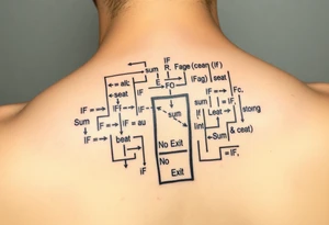 "Rat maze tattoo made of Excel formulas (=SUM, =IF). Exit door says 'No Exit' in Calibri font. Black ink, schematic style." tattoo idea