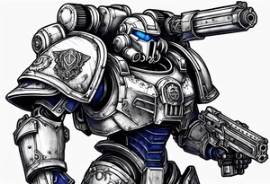 Warhammer 40000 ultramarine power armor with chain sword and bolt pistol tattoo idea