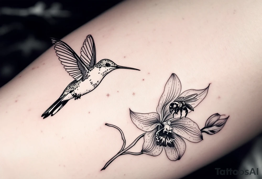 A delicate, black and white fine-line tattoo for male, featuring gracefully detailed 2 orchids in full bloom including their stems, with soft, intricate petals and elegant curves. Beside it, a hummingbird hovers mid-flight, its wings drawn with subtle motion lines, its slender beak reaching toward the orchid’s center to drink its nectar. on the other flower there is a bee that is resting tattoo idea