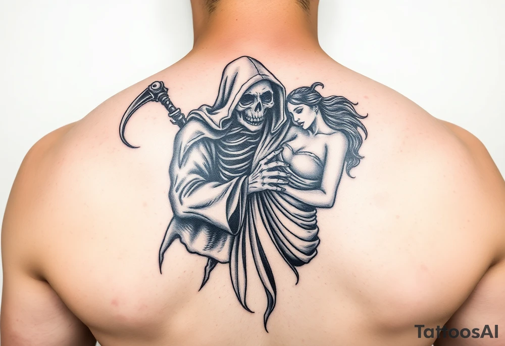 Grim reaper protecting woman tattoo idea