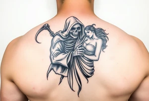 Grim reaper protecting woman tattoo idea