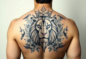 powerful majestic lion with a crown, surrounded by floral ornaments and birds tattoo idea