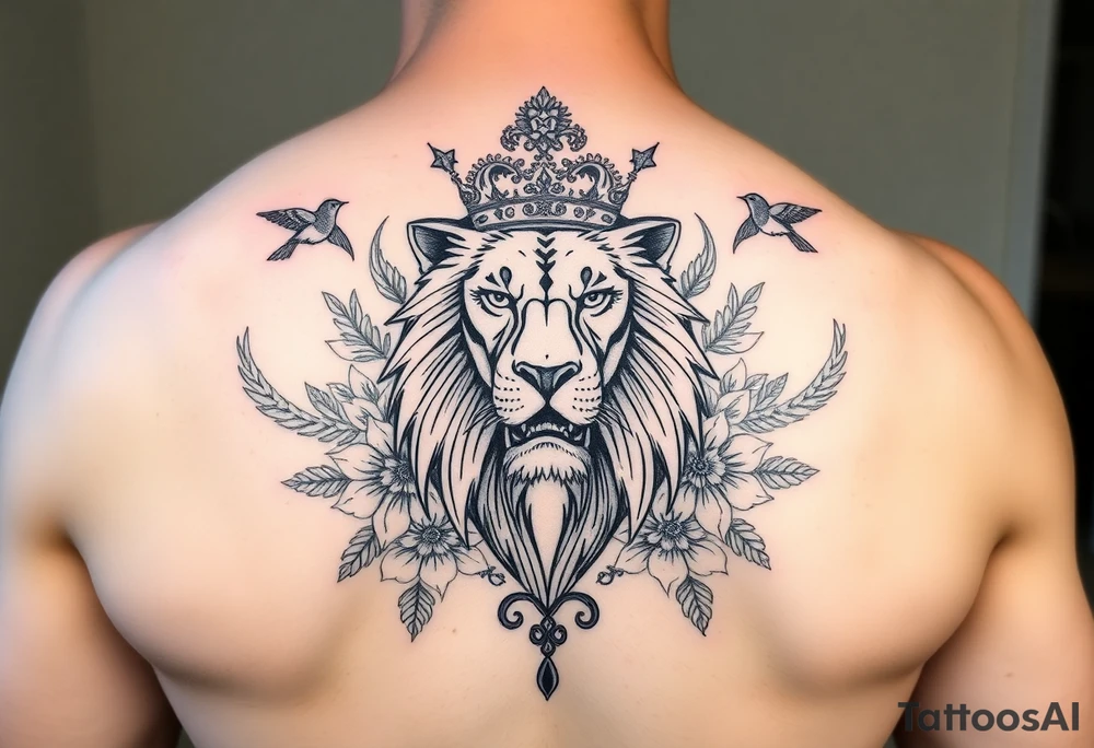 powerful majestic lion with a crown, surrounded by floral ornaments and birds tattoo idea
