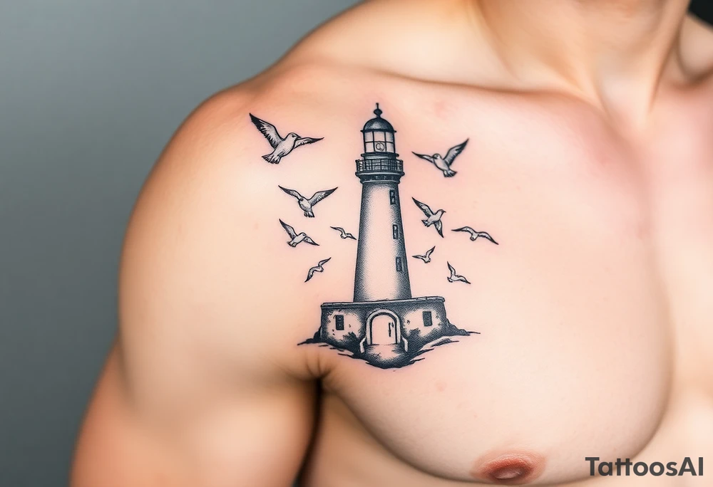 upper arm tattoo sea with lighthouse surrounded by seagulls tattoo idea
