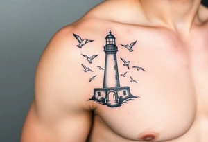 upper arm tattoo sea with lighthouse surrounded by seagulls tattoo idea