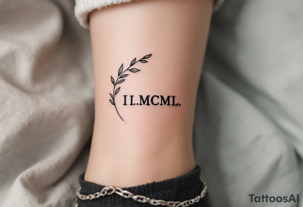 Tiny I.I.MCML on the ankle in black, paired with grayscale olive branches extending around the leg tattoo idea