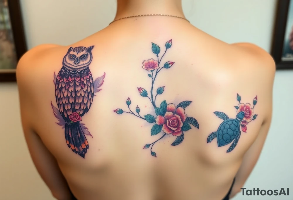 Full back owl on left shoulder flowers on right 3 turtles down spine use rose and vine overlay
 to fill the empty areas tattoo idea