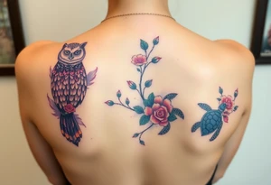 Full back owl on left shoulder flowers on right 3 turtles down spine use rose and vine overlay
 to fill the empty areas tattoo idea