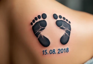 Baby footprints in black ink with the child’s birth date 15. 08. 2018 in soft blue or pink beneath commemorate a mother’s most treasured moment. tattoo idea