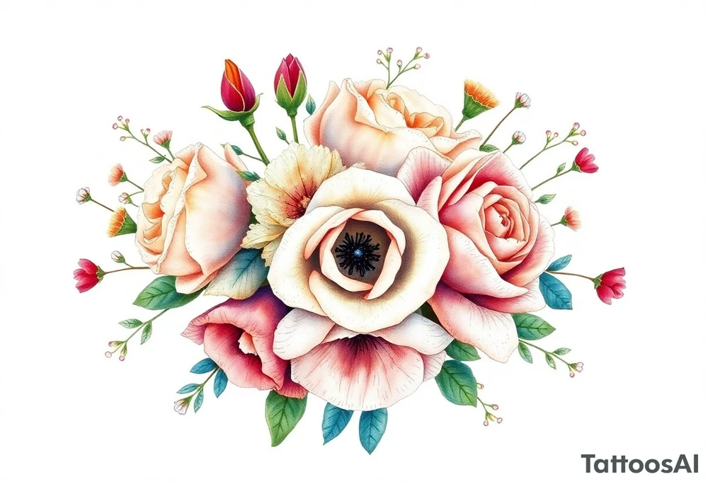vintage bouquet of wild roses and meadow flowers with morning dew tattoo idea